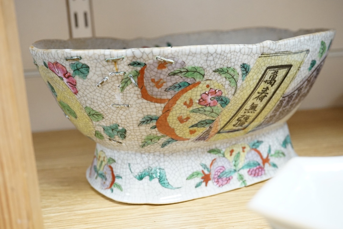 A pair of Chinese famille verte dishes, early 18th century and three 19th century Chinese bowls to include a crackle glazed example, largest 25cm wide